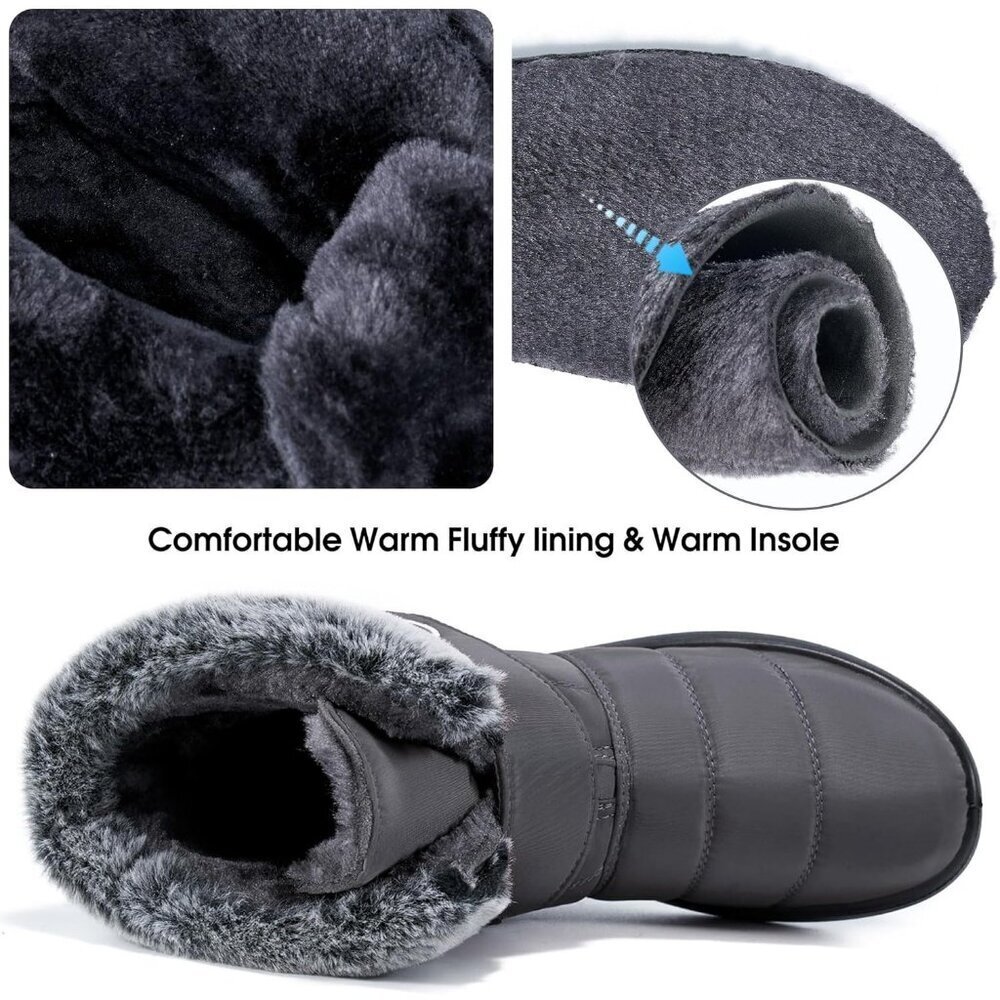 Womens Grey Winter Snow Boots Comfortable Warm Waterproof Non Slip - Picture 5 of 6